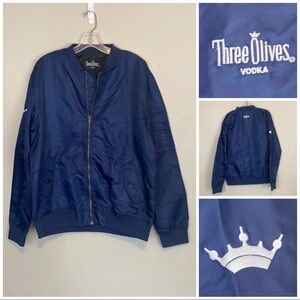 Three Olives Vodka Blue Zip Up Bomber Jacket Size Large